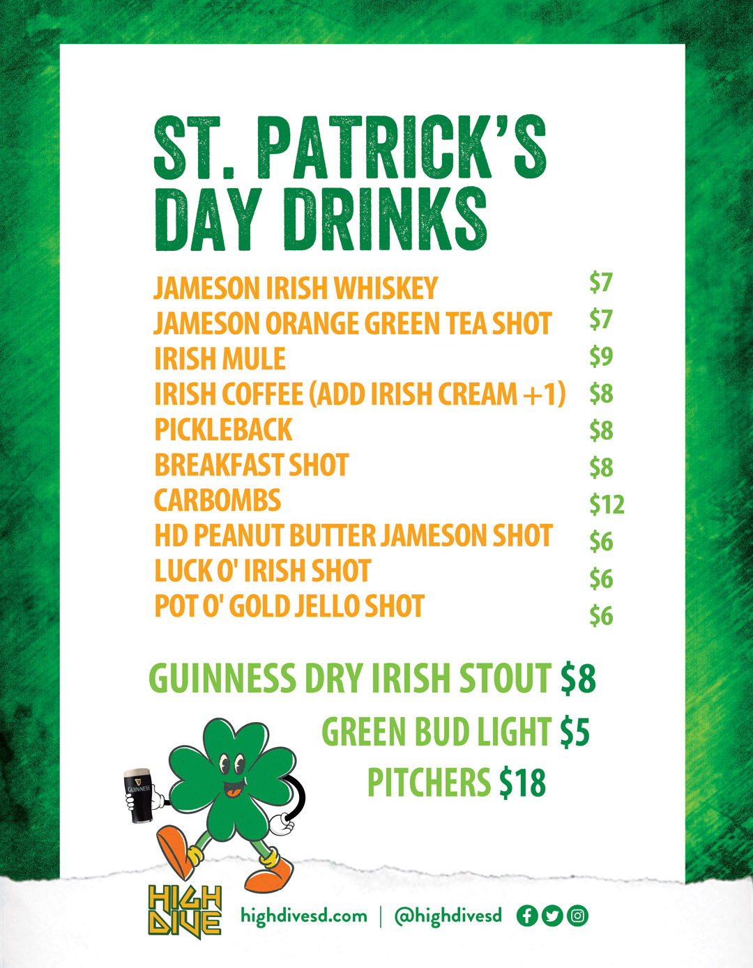 St. Patrick's Day 2024 Drink Menu